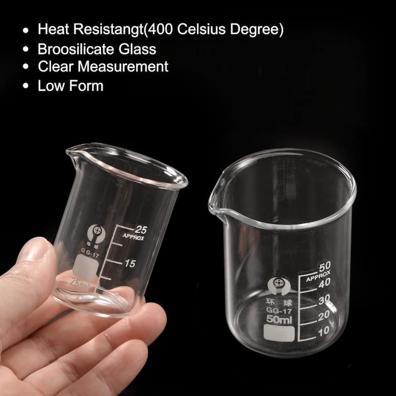 25ml 50ml Low Form Glass Beaker with Brush, 3.3 Glass Graduated Measuring Cups - Transparent