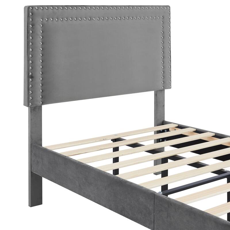 Upholstered Platform Bed Frame with Adjustable Headboard, Velvet Nailhead Trim, No Box Spring Needed - Grey - Twin