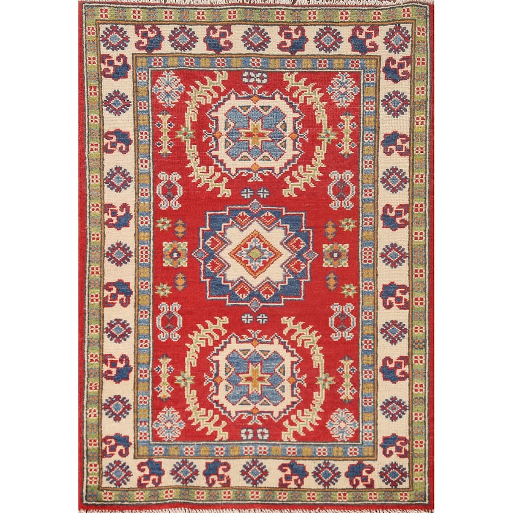 Red Traditional Kazak Accent Rug Hand-Knotted Wool Carpet - 2'9" x 4'1"