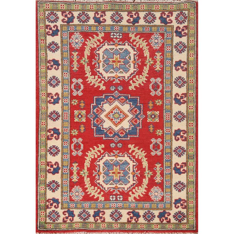 Red Traditional Kazak Accent Rug Hand-Knotted Wool Carpet - 2'9" x 4'1"