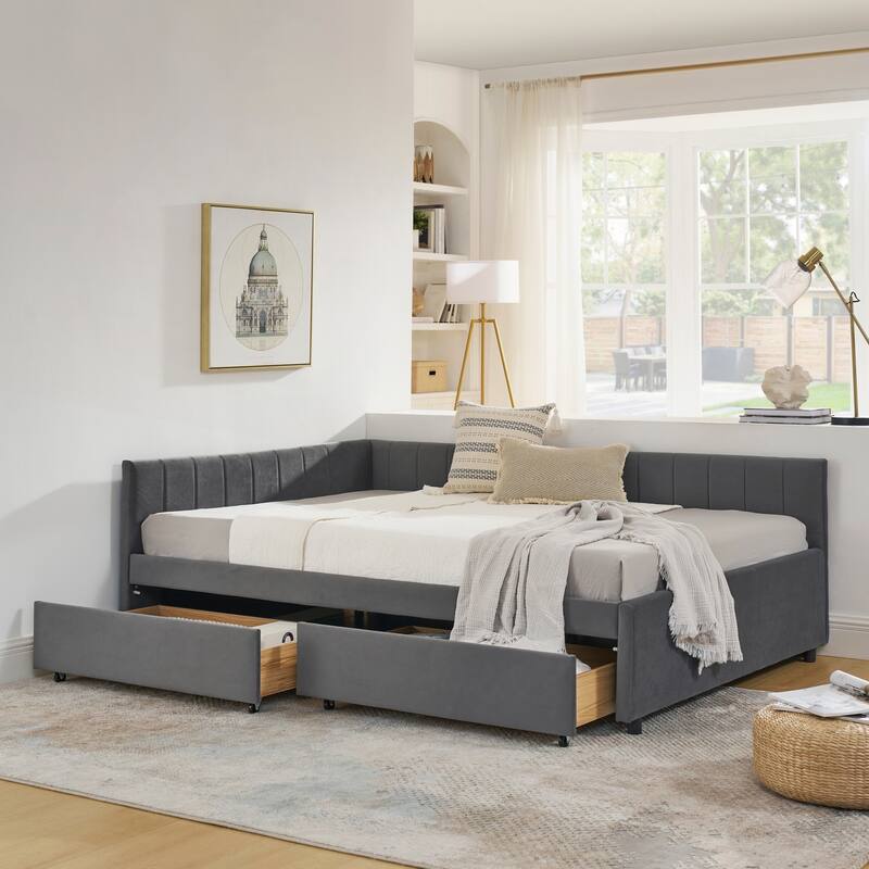 Full Size Upholstered Tufted Bed Frame with Two Drawers and Comfortable Backrest