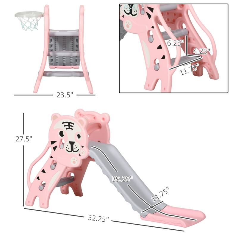 Kids Cartoon Pattern PE Indoor Slide with Basketball Hoop and Climber for Ages 18-36 Months - 52.25" L x 23.5" W x 27.5" H