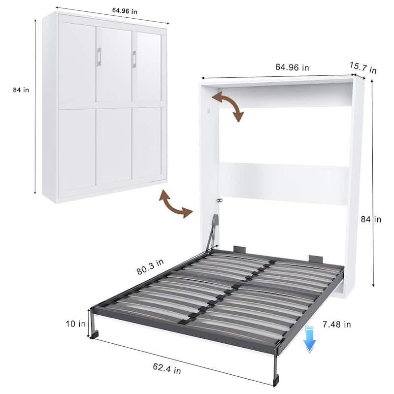 Queen Murphy Bed with 65 Inch Foldable Wall Design, Metal Frame and Solid Wood Slats for Bedrooms and Guest Rooms