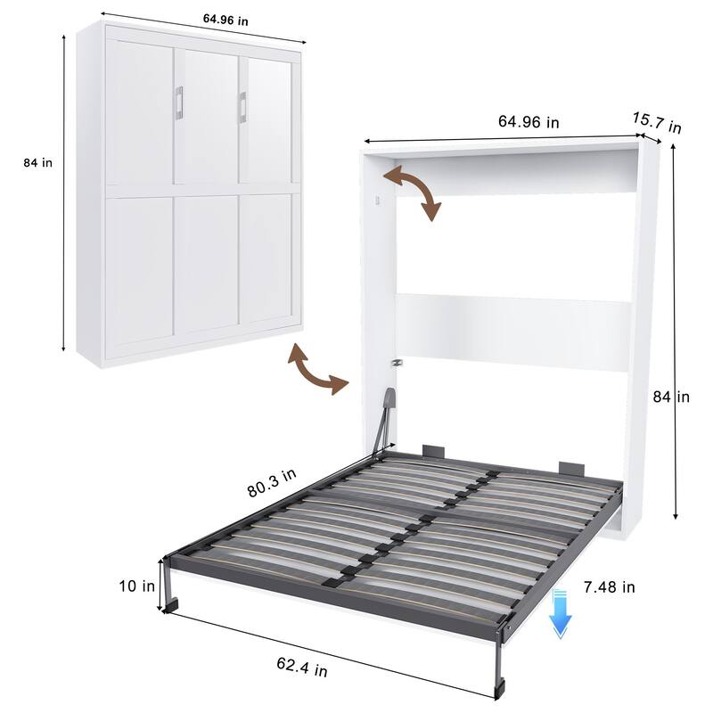 Queen Size Murphy Bed Foldable Wall Bed Frame Cube Cabinet Bed, Solid Wood Support Strips Platform Bed, Save-Space Hidden Bed