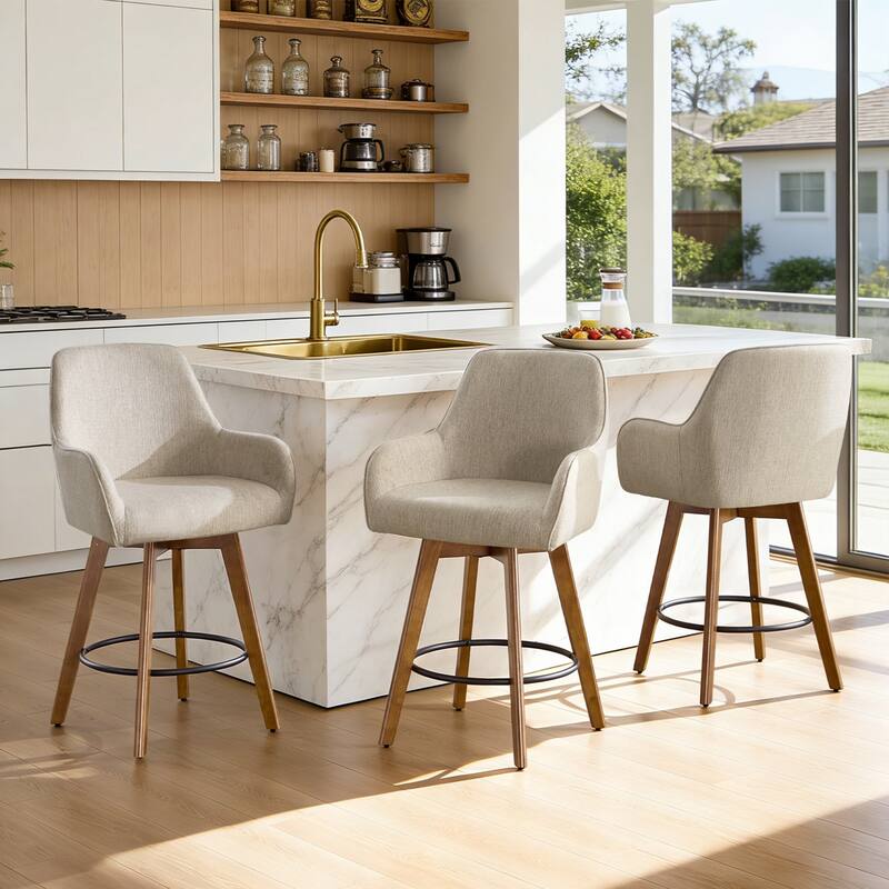 25 Inch Upholstered Swivel Counter Height Bar Stool with Armrests, Solid Wood Legs - 23.6"W x 22.4"D x 40.2"H