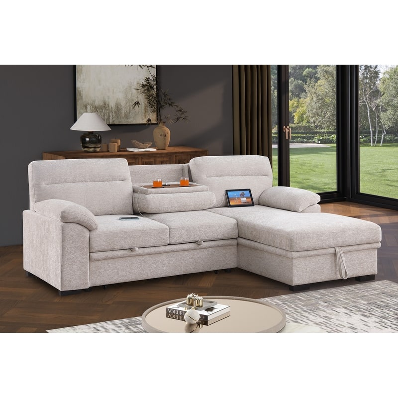 Kipling II 94"W Chenille Fabric Sleeper Sectional Sofa with Right-Facing Chaise, Cupholders, USB Charging port - Beige
