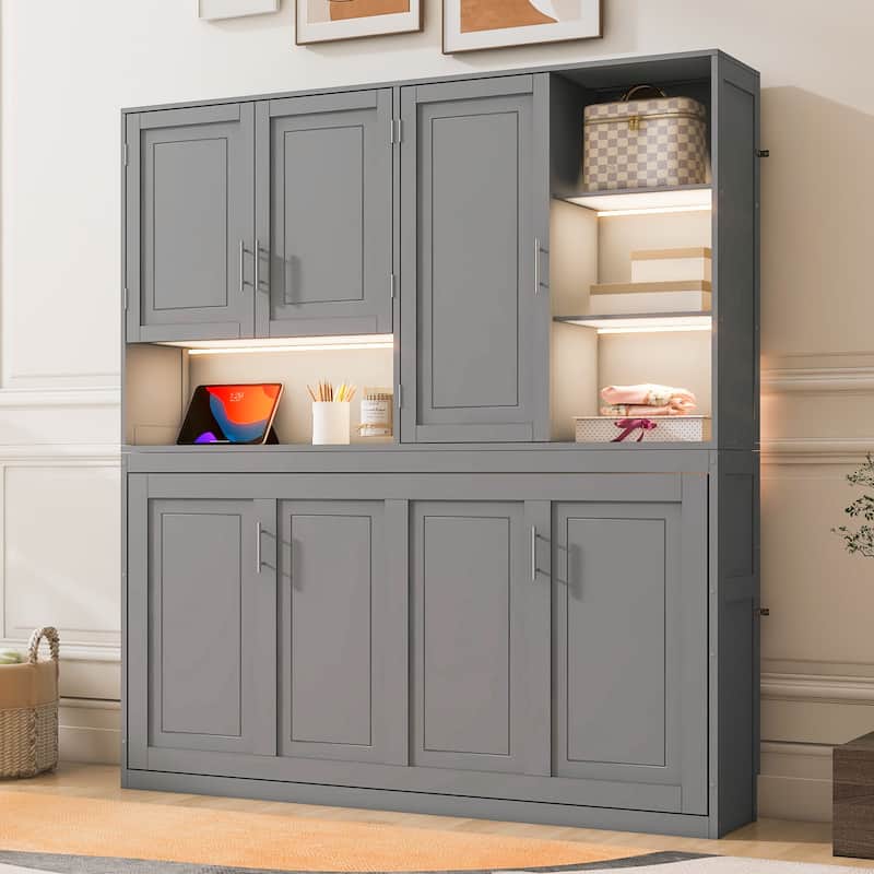 Twin/Full Size Murphy Bed Wall Bed with Top Cabinet, Shelves, Light, USB, and Storage, Space-Saving Foldable Design - Grey