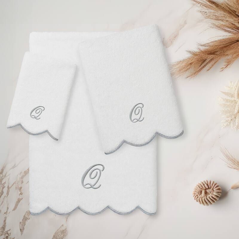 Authentic Hotel and Spa 100% Turkish Cotton Grey ADORNIA Scallop Personalized 3 Piece Towel Set - 3 Piece Set