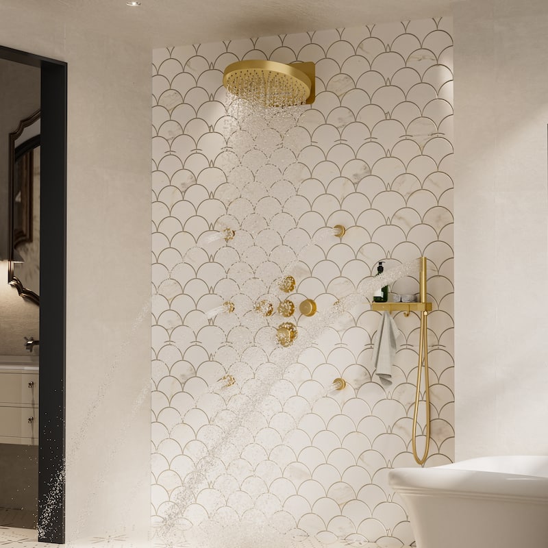 CASAINC Thermostatic 4 Functions 12 inch Rainfall Showerhead with Handheld Spray & 6 Body Jets Set Rain Shower System