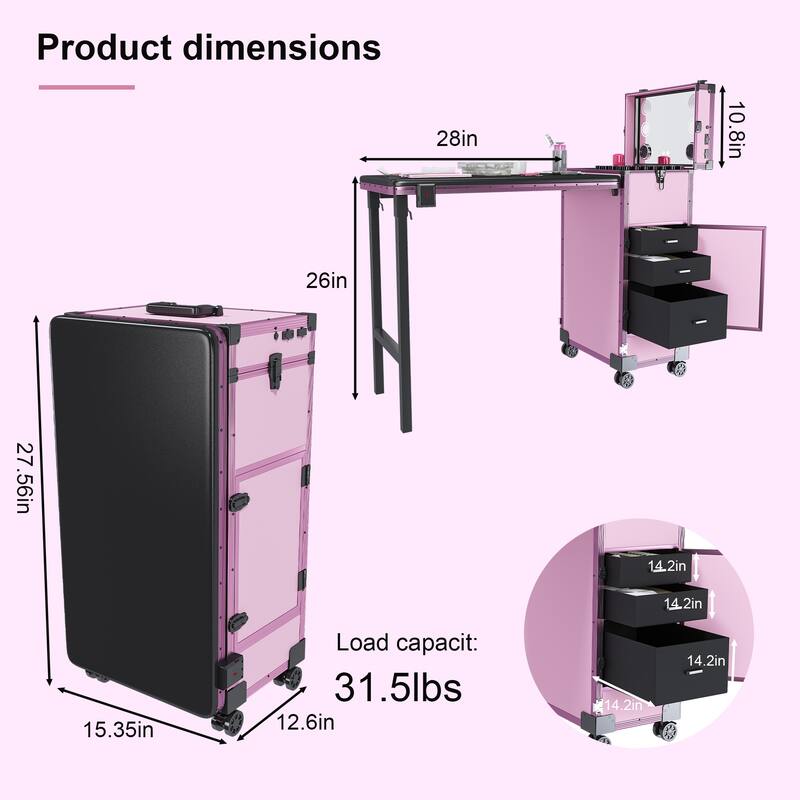 Portable Nail Art Table w/ LED Mirror, Bluetooth, Lockable Drawers, Telescopic Pole - Folding Manicure Station for Salons
