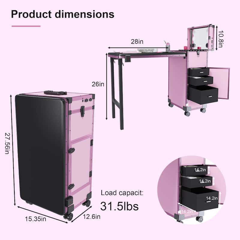 Roomfitters Portable Nail Table with LED Mirror, Lockable Drawers and Bluetooth, Folding Manicure Station on Wheels, Black