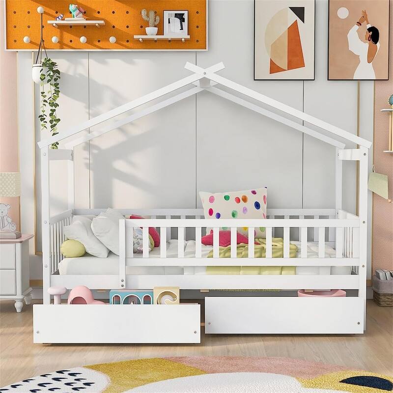 Twin House Bed with 2 Storage Drawers,Rails and Roof for Kids - White