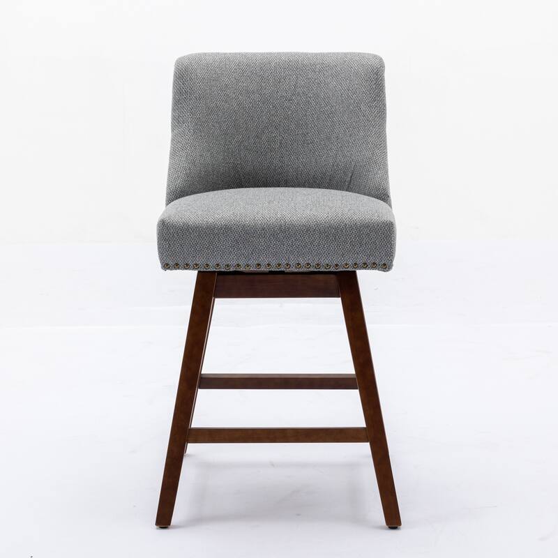 Gray Swivel Bar Stools Set of 2, Counter Height Chairs with Back & Solid Wood Legs, 26" Seat Height Thick Upholstered Barstools