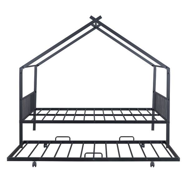 slide 2 of 13, Full Size Metal House Bed with Twin Trundle & Slats, Kids Bed Frame with Headboard and Footboard, for Kids, Girls, Boys, Black Black - Full