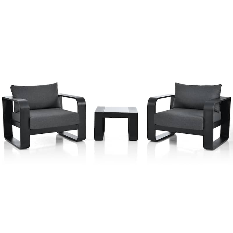 3-Piece Outdoor Aluminium Chair Set with Coffee Table and Thick Cushion