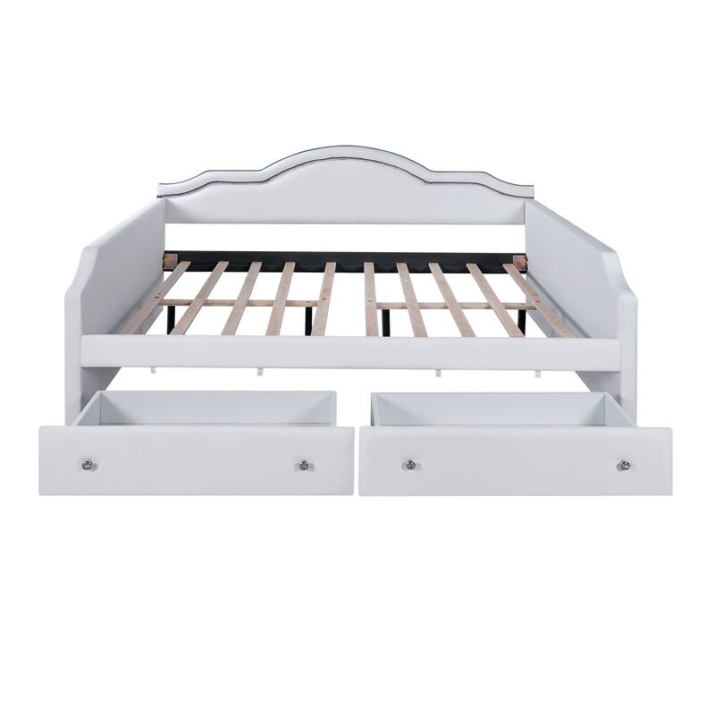 Upholstered Daybed with 2 Drawers, Wave Backrest Frame with Ambient Lighting, No Box Spring Needed Storage Sofa Bed