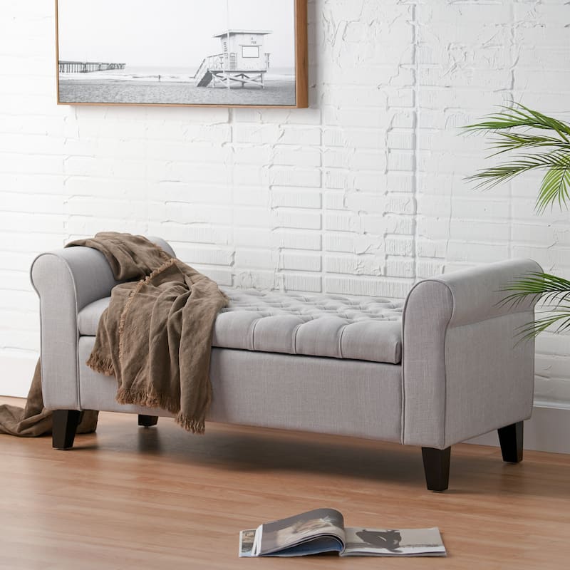 Keiko Contemporary Rolled Arm Fabric Storage Ottoman Bench by Christopher Knight Home - 50.00" L x 19.50" W x 20.50" H - Light Gray+Dark Brown