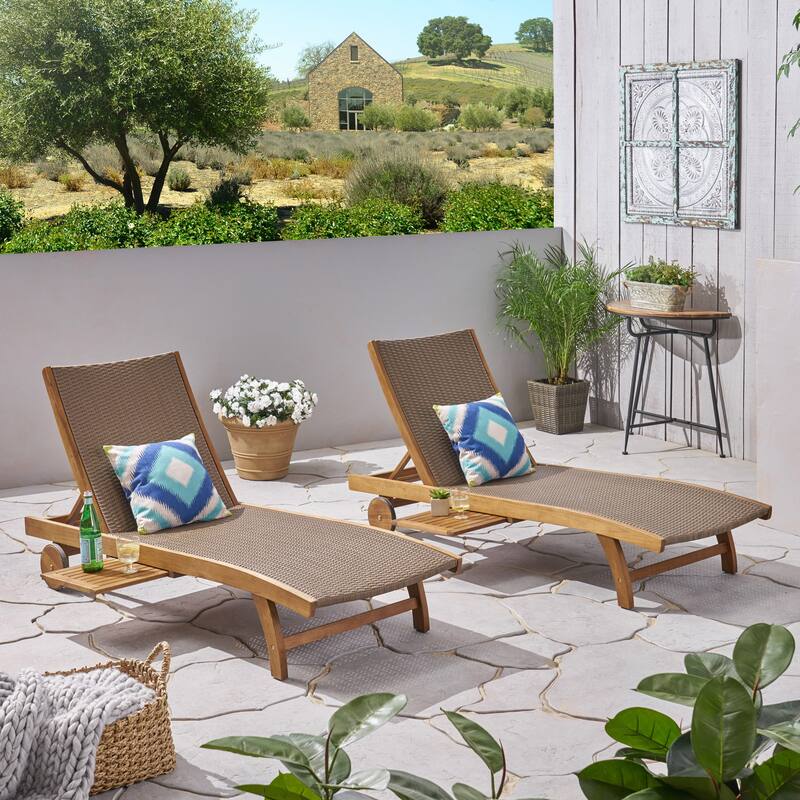 Set of 2 Outdoor Chaise Lounge with Pull-Out Tray, Acacia Wood Lounge Chair with Woven PE Wicker Seat, Adjustable Backrest