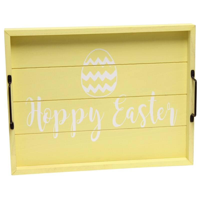 HomeRoots 16" Yellow And White Happy Easter Serving Tray With Handles - 15.50 in. x 2.25 in. x 12.00 in.