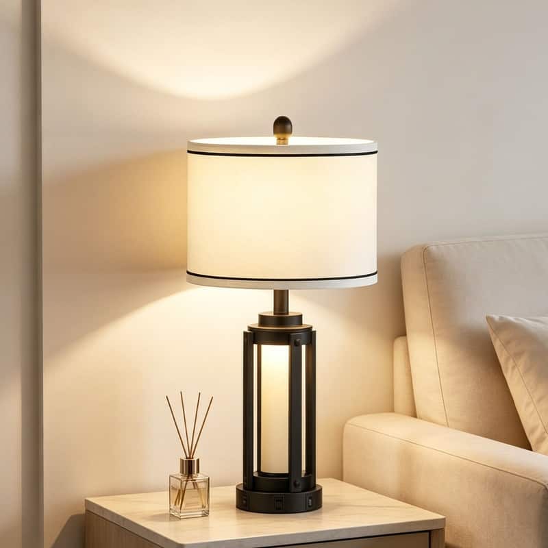 25.5" Industrial Modern USB Table Lamp Set with Night Light, Built-in Outlet(Set of 2) - 12'' x 12'' x 25.3'' (L x W x H)