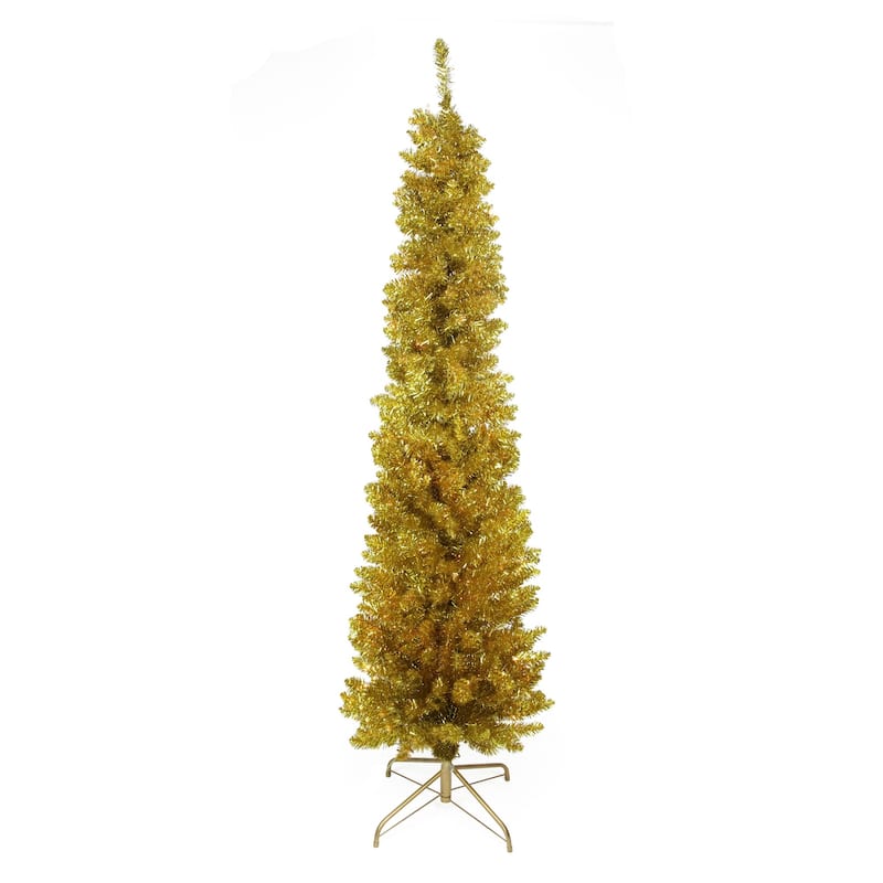 Pre-Lit Pencil Tinsel Artificial Christmas Tree - 6' - Gold - Clear Lights - Red Wire - 6 Foot