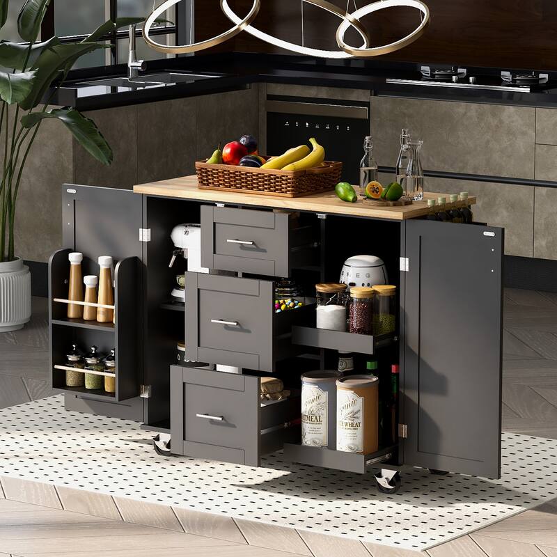 Rolling Kitchen Island with Rubber Wood Top, 3 Drawer, 2 Slide-Out Shelf & Internal Storage Rack, Spice Rack & Tower Rack - Black