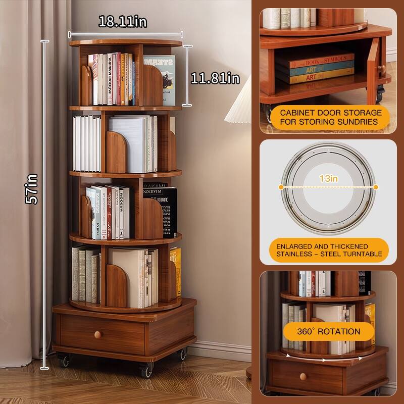 Rotating Wooden Bookcase with Drawer, 5-Tier Space-Saving Floor Shelf Organizer for Bedroom & Small Rooms