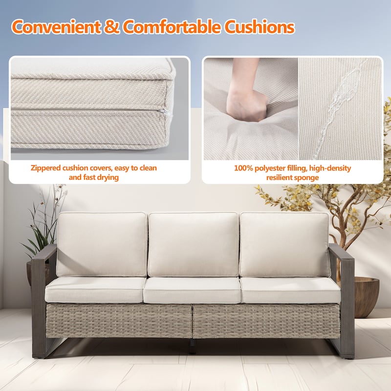 Cozywor Wicker Outdoor Patio Sofa Steel Frame with Beige Cushions