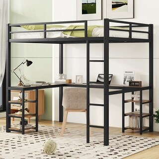 Black Full Size Metal Loft Bed with Desk, Shelves, and Guardrails