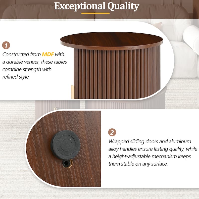 Mid-Century Coffee Table Set of 2 with Sliding Tambour Door, Fluted Design and Golden Handles