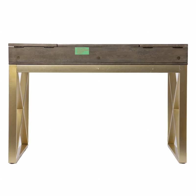 Grey Wood Gold Sled Base Writing Desk with Drawers and Shelves and Rectangular