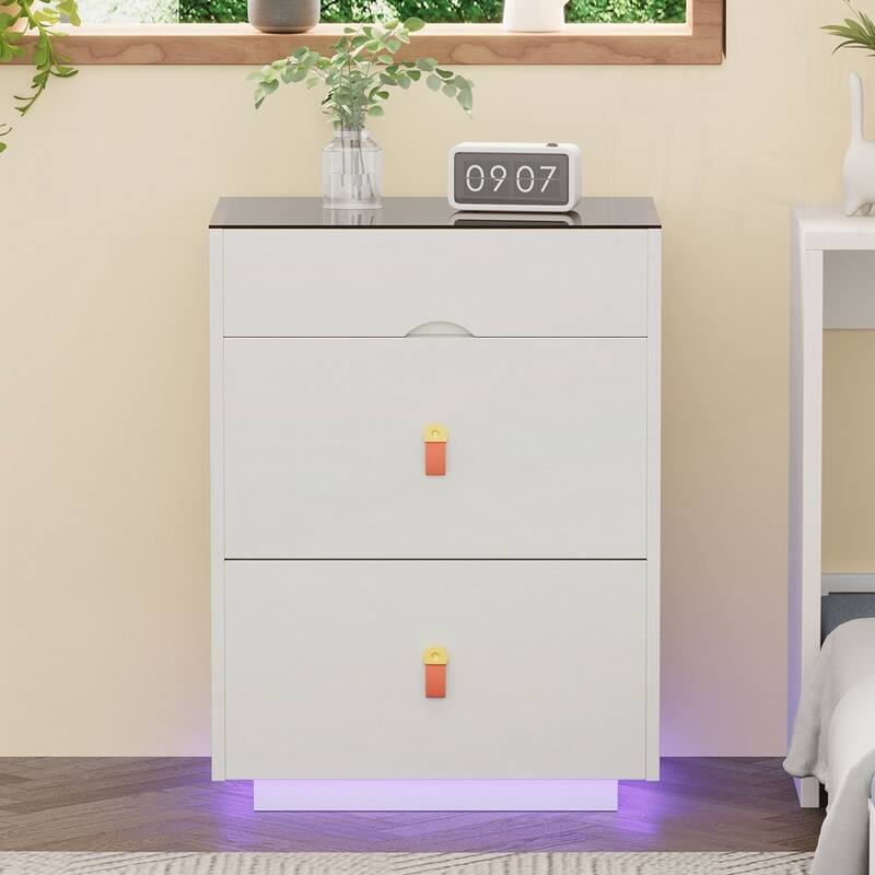 3 Storage Drawers Nightstand with Glass Top Jewelry Storage and Faux Leather Handles