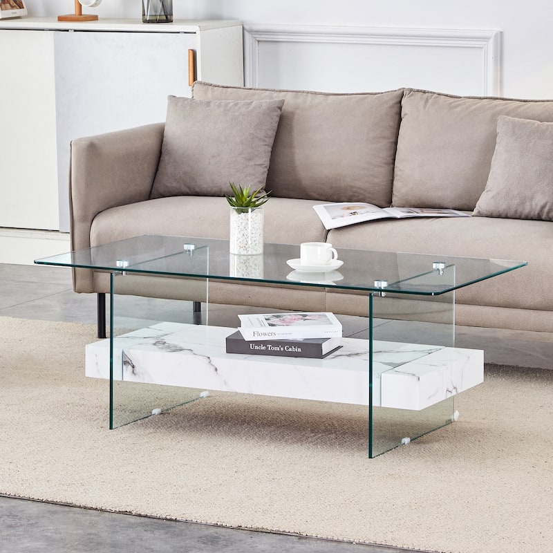 Roomfitters 43.3" Two-Tier Glass Coffee Table with Light Wood Shelf, Side Table or Display Stand - White Marble