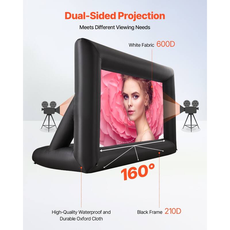 Outdoor & Indoor Movie Screen with 600D Washable Oxford Fabric 250W Quiet Blower Quick Setup, Front & Rear Projection