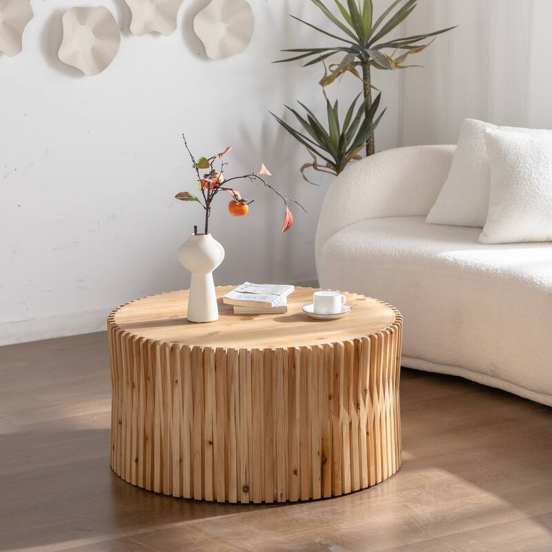 Cylindrical Coffee Table, 31.5" Solid Wood Coffee Table, Mid Century Modern Tea Table, Rustic Center Table for Living Room - Natural