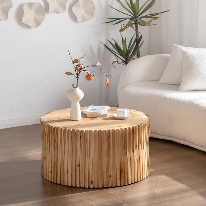 Retro Fashion Style Cylindrical Coffee Table with Vertical Texture Relief Design - Natural-31.5"L