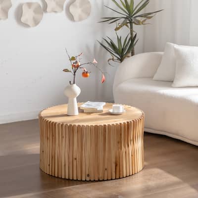 Roomfitters 31.5" Retro Cylindrical Coffee Table with Vertical Texture Relief for Living Room, Office, and Dining Room