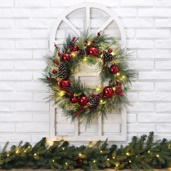 Glitzhome 24" LED Pre-Lit Greenery Berry Holly Pine Cone Ornament Wreath. Opens flyout.