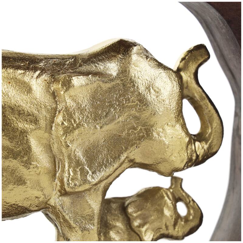 Aluminum Metal Elephant Decorative Sculpture with Brown Wooden Frame - Gold - Roche River Decor