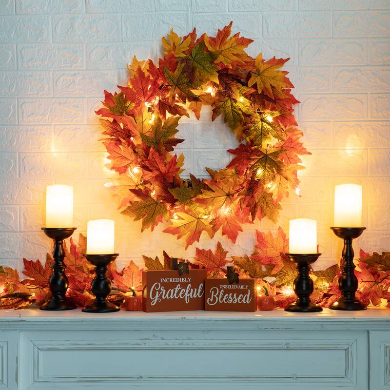 Glitzhome Thanksgiving LED Lighted Fall Maple Leaves Wreath & Garland with Timer