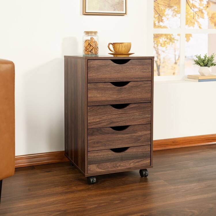 5 Drawers Chest, Wood Storage Dresser with Wheels, Craft Storage Organizer and Storage Drawer Office Drawer Unit - Brown Oak