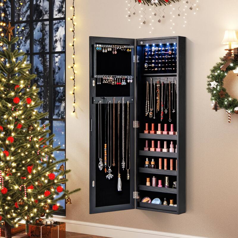 Wall Mounted or Door Hanging Jewelry Cabinet with Full Length Mirror and LED Lights - 12.5" x 3.7" x 42"