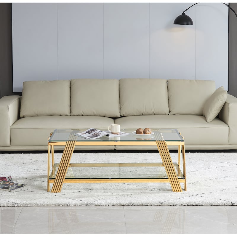 Modern Stainless Steel Coffee Table 2 Tier Tempered Glass Coffee Table with Storage Space, for Living Room, Silver