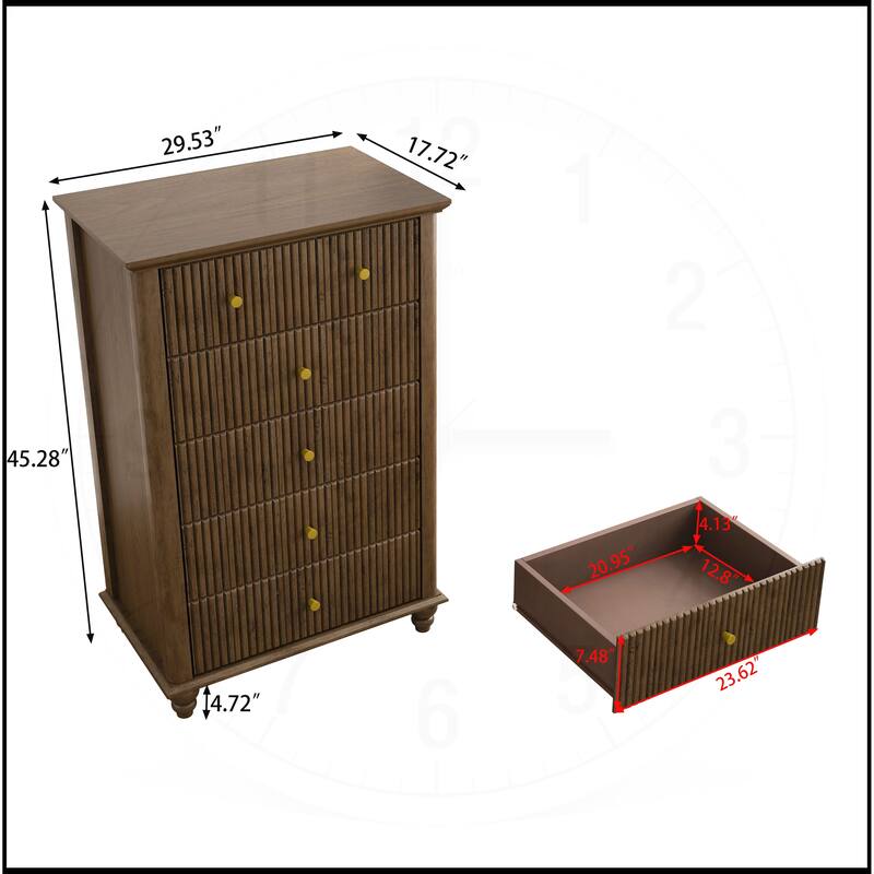 45 Inch Tall Fluted 5 Drawer Dresser