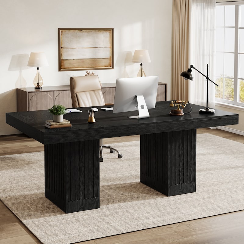63 Inck Black Desk for Home Office, Modern Couputer Desk with Double Pedestal