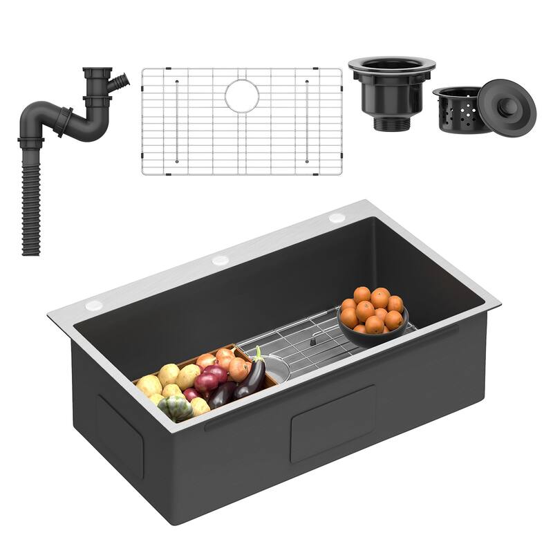 33 Inch Drop In Kitchen Sink Top mount Stainless Steel Black Sink w/Sink Protector Single Bowl Drop-in Sink for Workstation