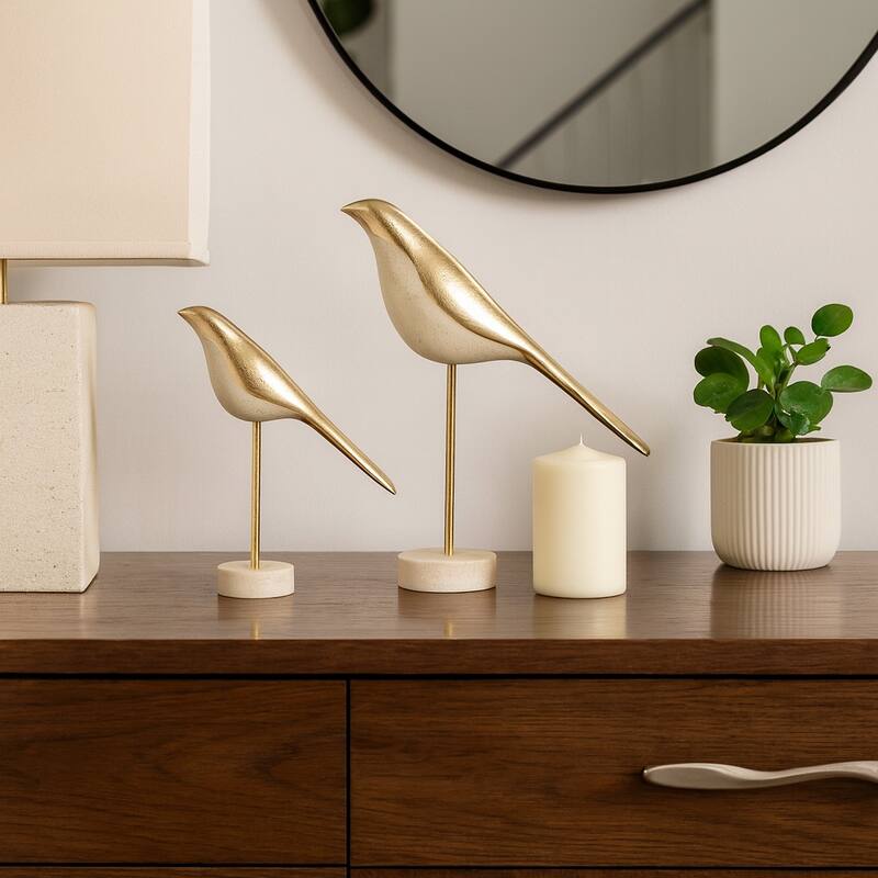 Exquisite Bird Figurine Sculpture - Set of 2, 12", White - 12.0"