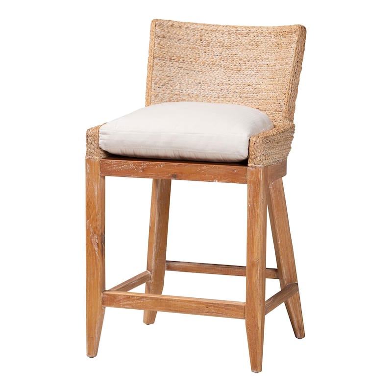Ridley Seagrass Counter Stool with Mahogany Wood Frame - Coastal Seating with Woven Square Back and Cushioned Seat for Kitchen - White Wash