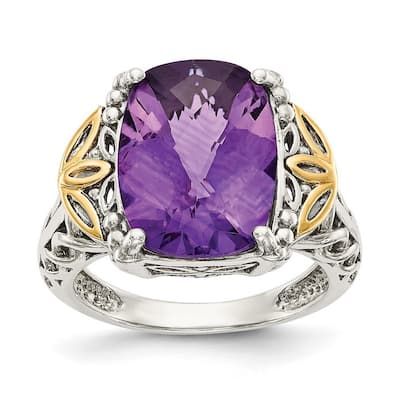 Curata 925 Sterling Silver Polished Prong set With 14k Amethyst Ring