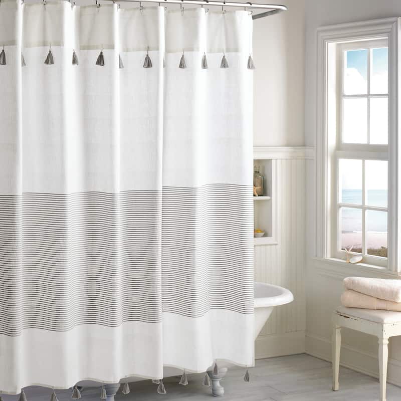 Porch & Den Onassis Modern Stripe Tassel Shower Curtain - Grey